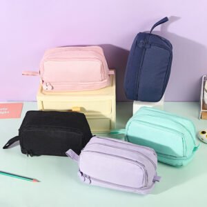 Solid Color Large Capacity Portable Double Layer Student Pencil Bag